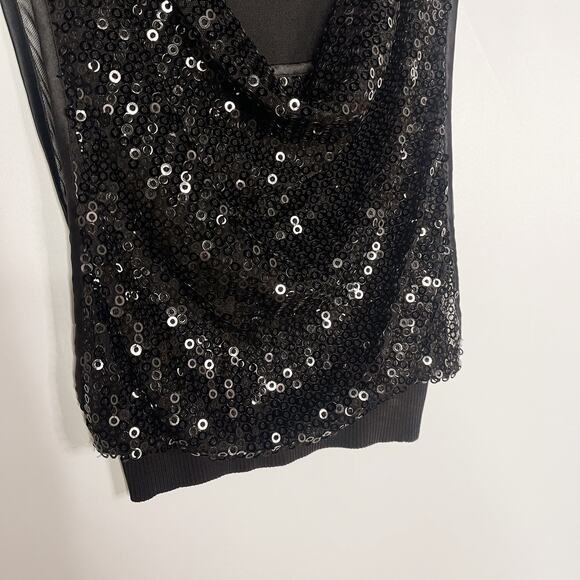 Bebe XSmall XS Black Sequin Layered Sheer Top Cowl Neck Built In Tank Camisole - Picture 4 of 9